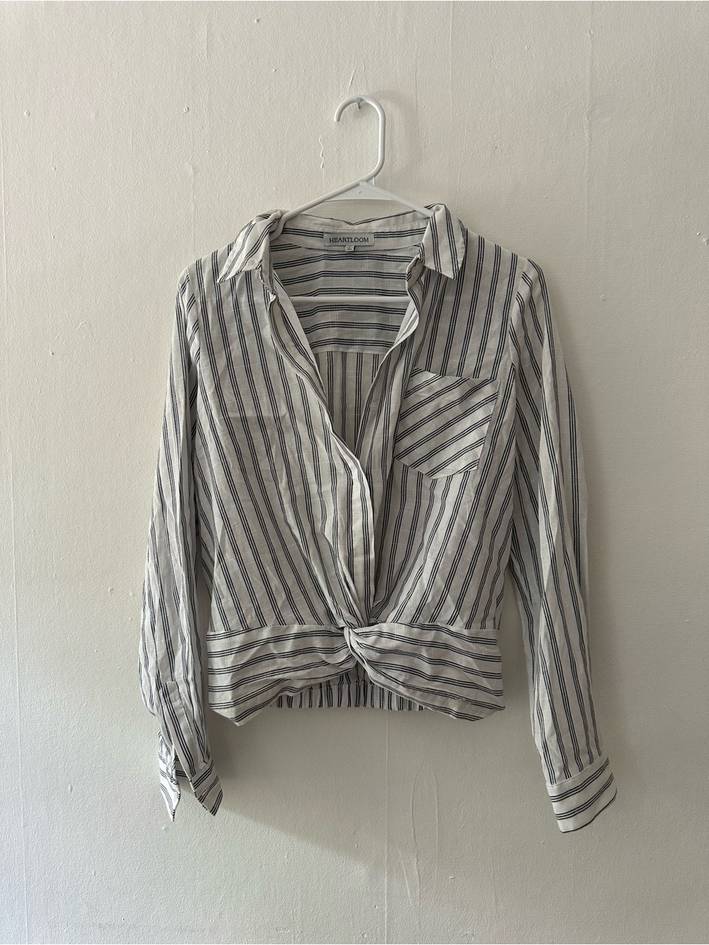 Heartloom White and Gray Striped Knot-Front Button Down Shirt